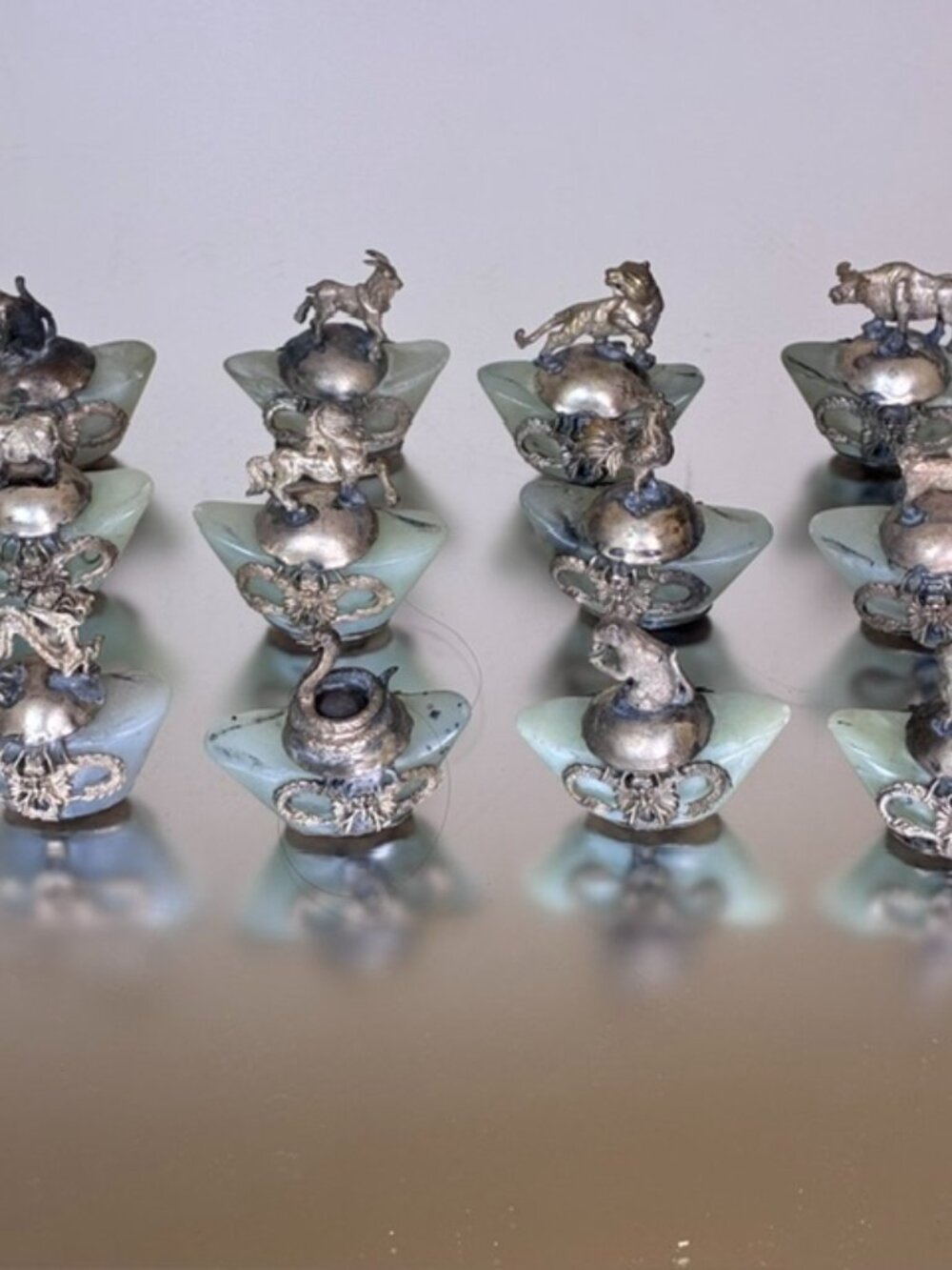 Vintage Chinese Horoscope Brass Bowenite Jade  Full Set of 12